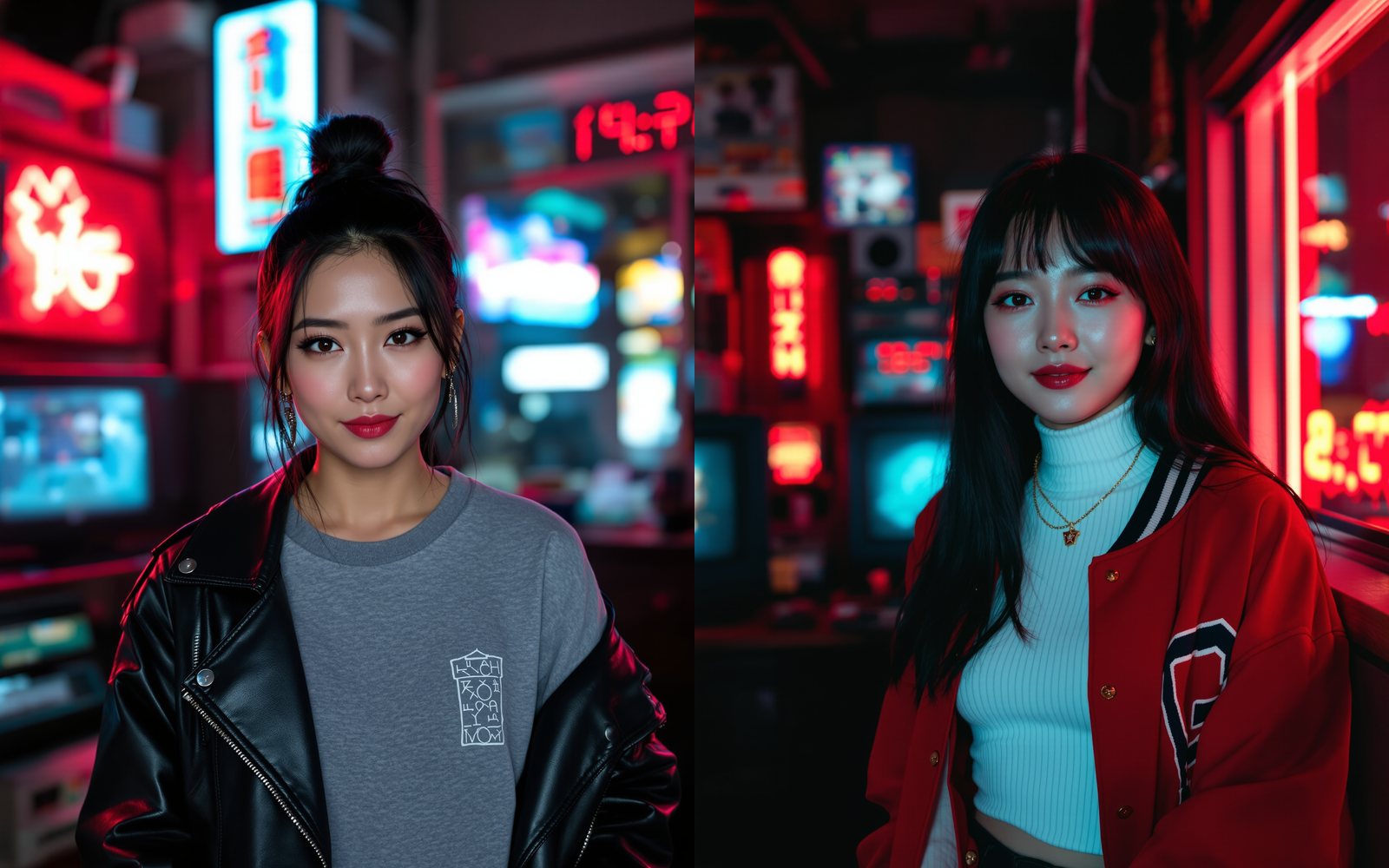 Sky Hayashi and Juno Sato, the show's AI hosts, side by side in the neon-lit back room